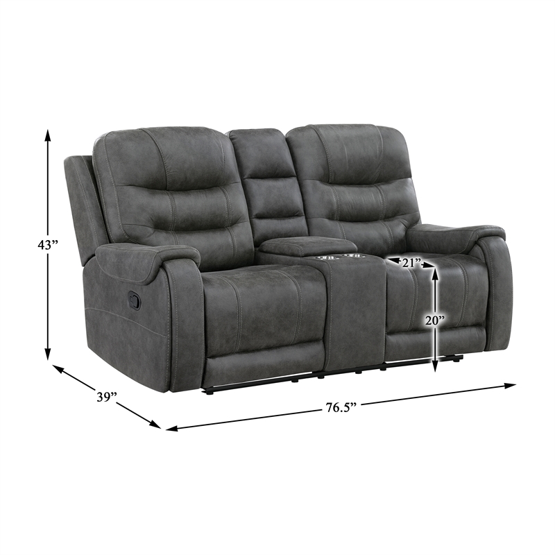 Pemberly Row Microfiber Double Reclining Loveseat with Console in Dark Gray