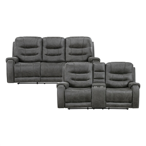 Pemberly Row Microfiber Double Reclining Loveseat with Console in Dark Gray