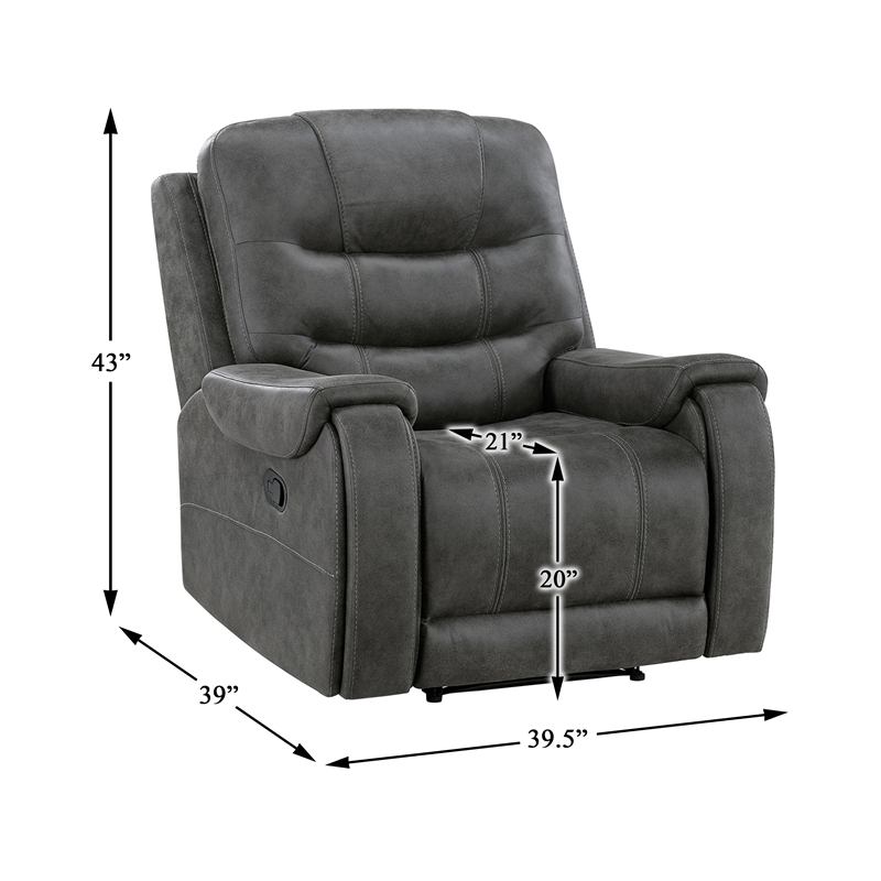 Pemberly Row Microfiber Double Reclining Sofa with Tab Pull Motion in Dark Gray