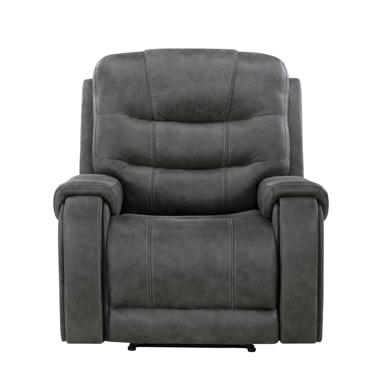 Pemberly Row Microfiber Double Reclining Sofa with Tab Pull Motion in Dark Gray
