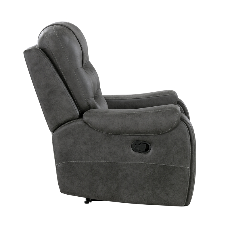 Pemberly Row Microfiber Double Reclining Sofa with Tab Pull Motion in Dark Gray