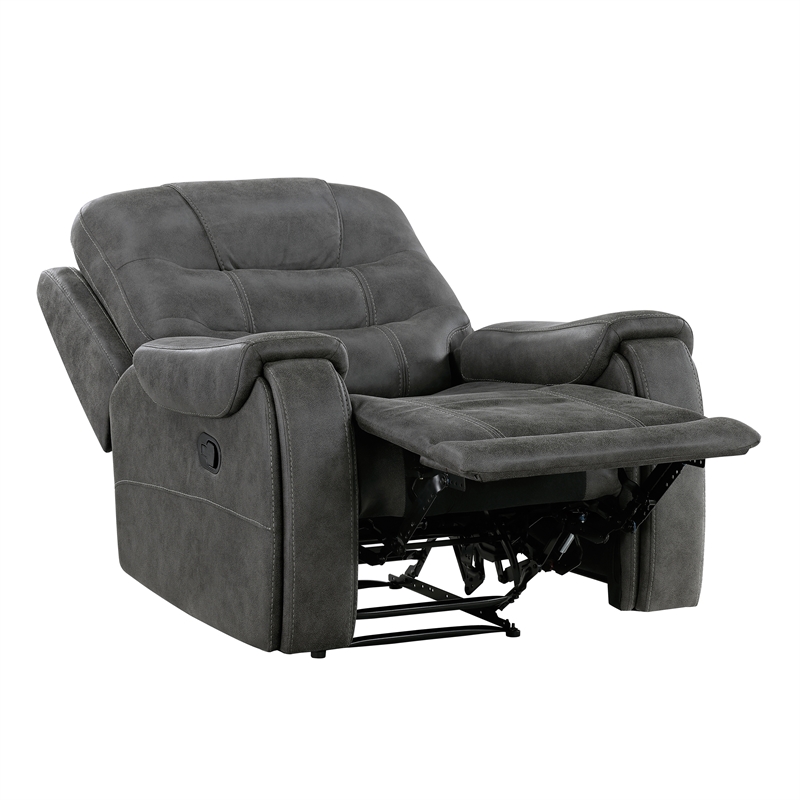 Pemberly Row Microfiber Double Reclining Sofa with Tab Pull Motion in Dark Gray