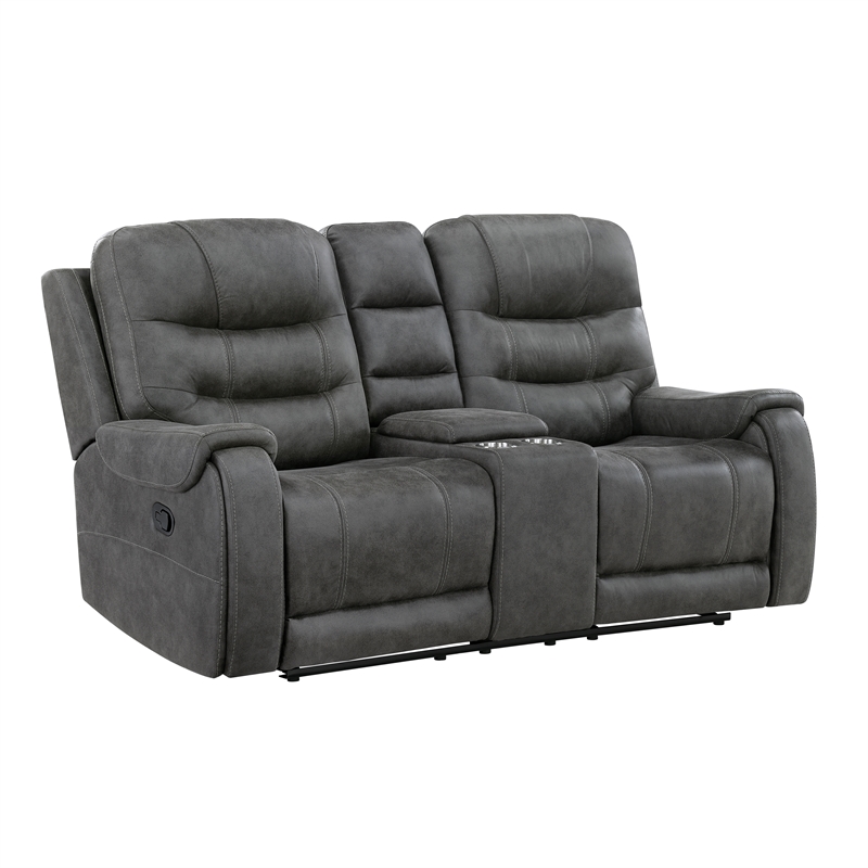 Pemberly Row Microfiber Double Reclining Sofa with Tab Pull Motion in Dark Gray