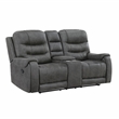 Pemberly Row Microfiber Double Reclining Sofa with Tab Pull Motion in Dark Gray