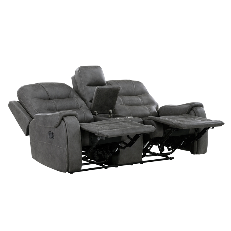 Pemberly Row Microfiber Double Reclining Sofa with Tab Pull Motion in Dark Gray