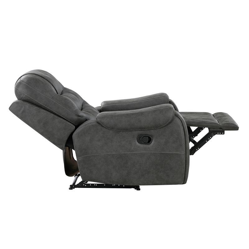Pemberly Row Polished Microfiber Reclining Chair Tab Pull Motion in Dark Gray