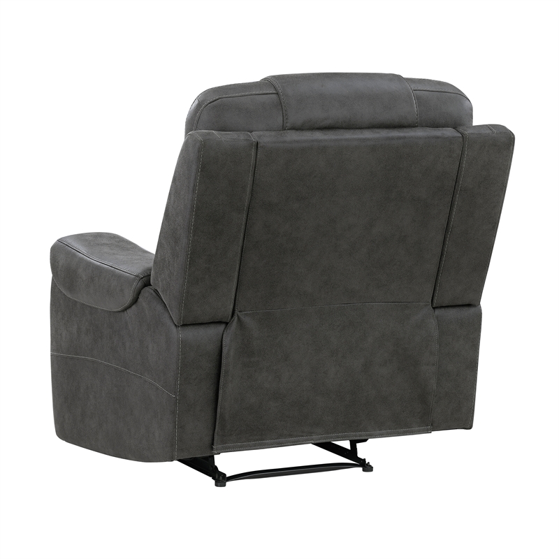 Pemberly Row Polished Microfiber Reclining Chair Tab Pull Motion in Dark Gray