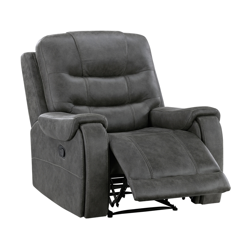 Pemberly Row Polished Microfiber Reclining Chair Tab Pull Motion in Dark Gray