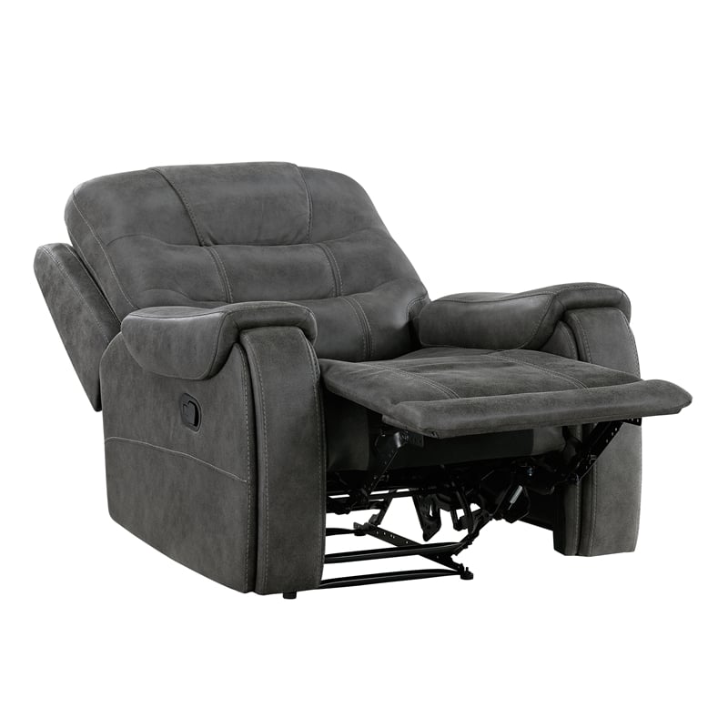 Pemberly Row Polished Microfiber Reclining Chair Tab Pull Motion in Dark Gray