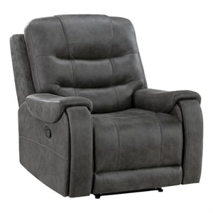 Pemberly Row Polished Microfiber Reclining Chair Tab Pull Motion in Dark Gray