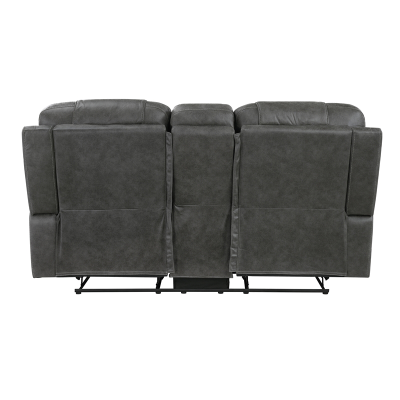Pemberly Row Microfiber Double Reclining Loveseat with Console in Dark Gray