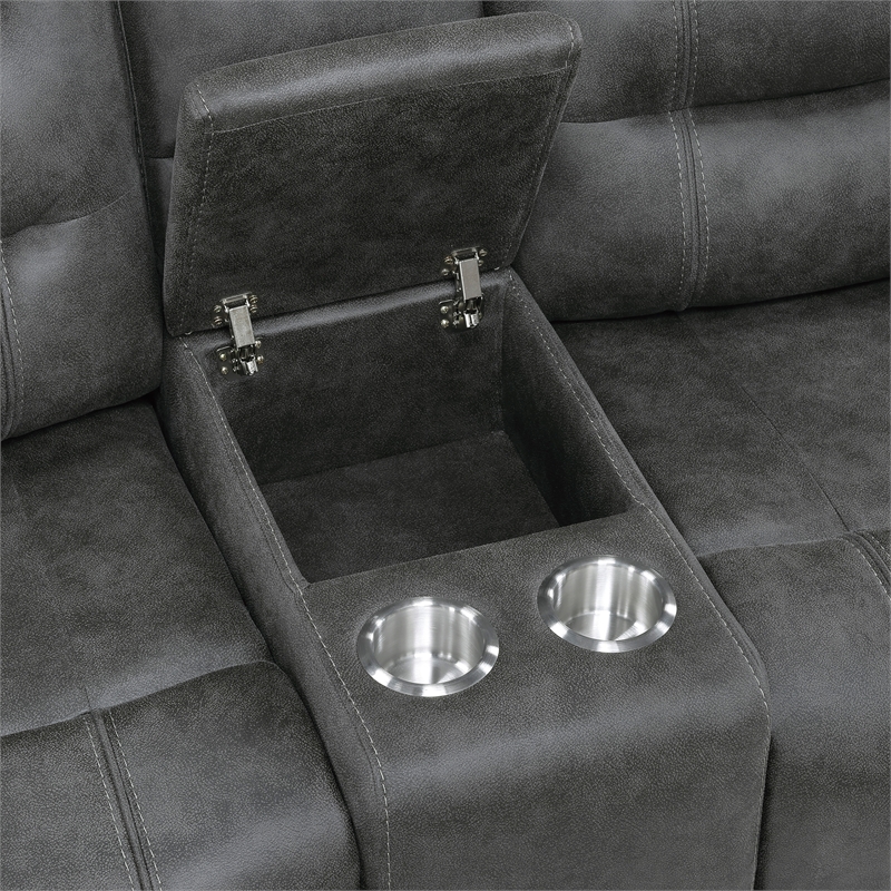 Pemberly Row Microfiber Double Reclining Loveseat with Console in Dark Gray
