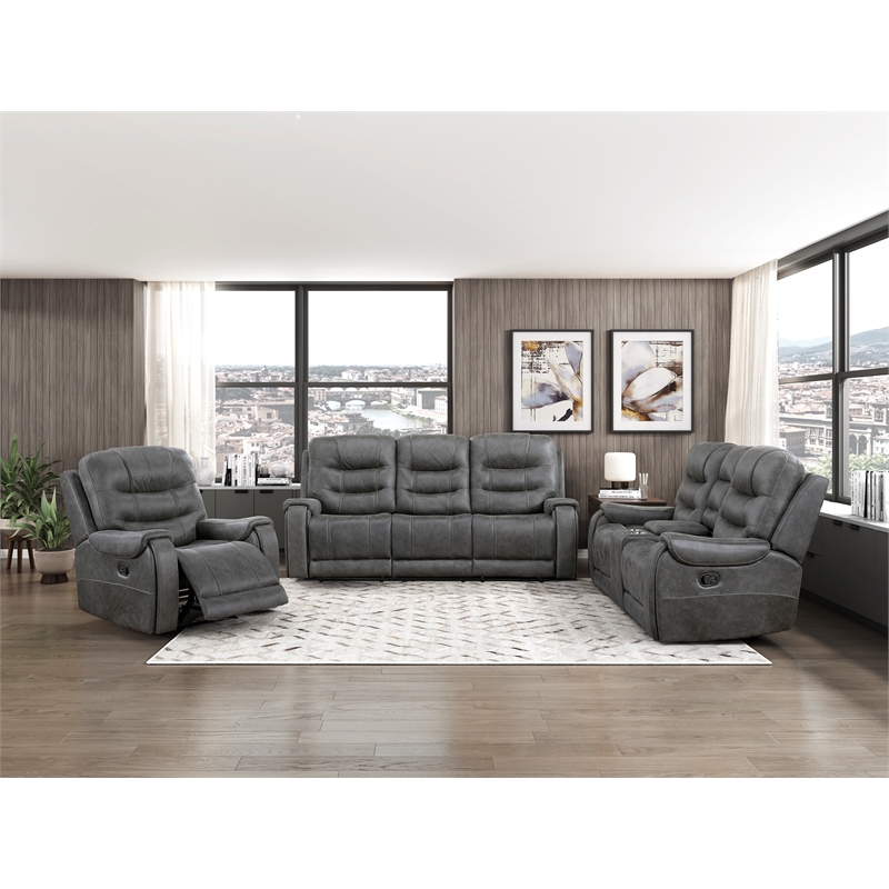 Pemberly Row Microfiber Double Reclining Sofa with Tab Pull Motion in Dark Gray