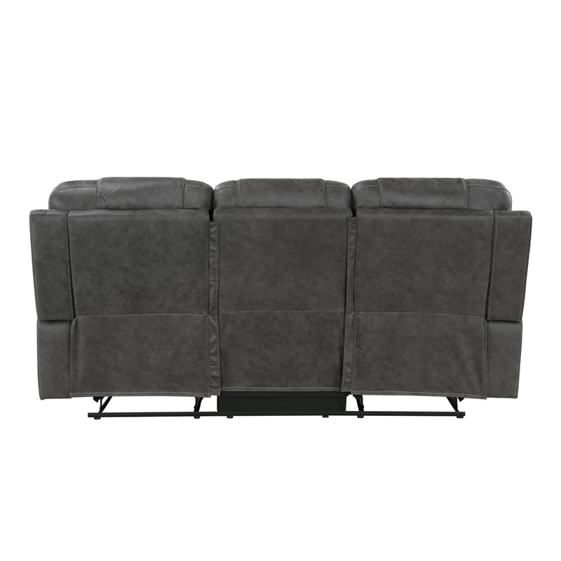 Pemberly Row Microfiber Double Reclining Sofa with Tab Pull Motion in Dark Gray