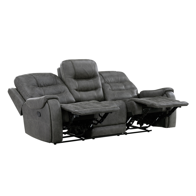 Pemberly Row Microfiber Double Reclining Sofa with Tab Pull Motion in Dark Gray