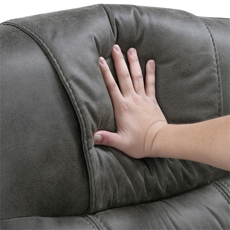Pemberly Row Microfiber Double Reclining Sofa with Tab Pull Motion in Dark Gray