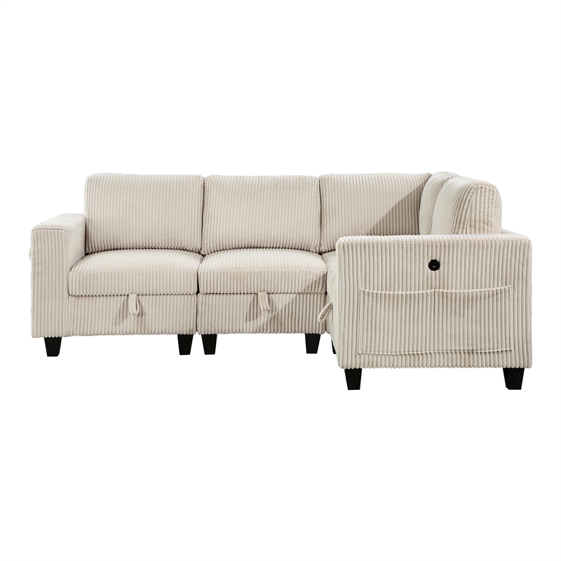 Pemberly Row Corduroy 4-Piece Modular Sectional USB Charging Storage in Beige
