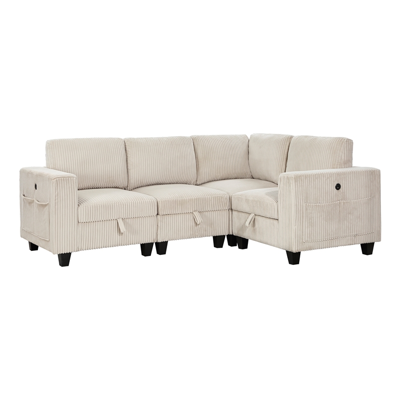 Pemberly Row Corduroy 4-Piece Modular Sectional USB Charging Storage in Beige