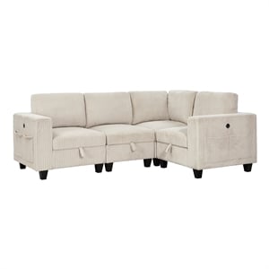 Pemberly Row Corduroy 4-Piece Modular Sectional USB Charging Storage in Beige