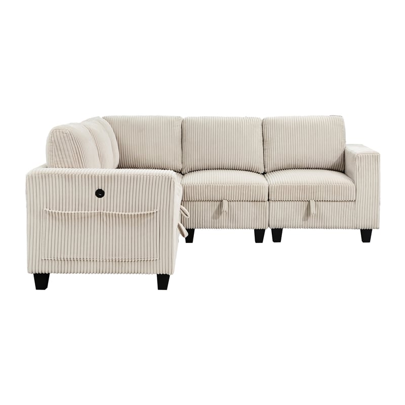 Pemberly Row Corduroy 5-Piece Modular Sectional USB Charging Storage in Beige