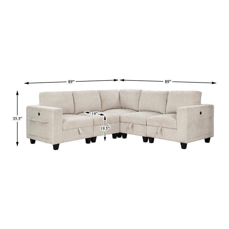 Pemberly Row Corduroy 5-Piece Modular Sectional USB Charging Storage in Beige