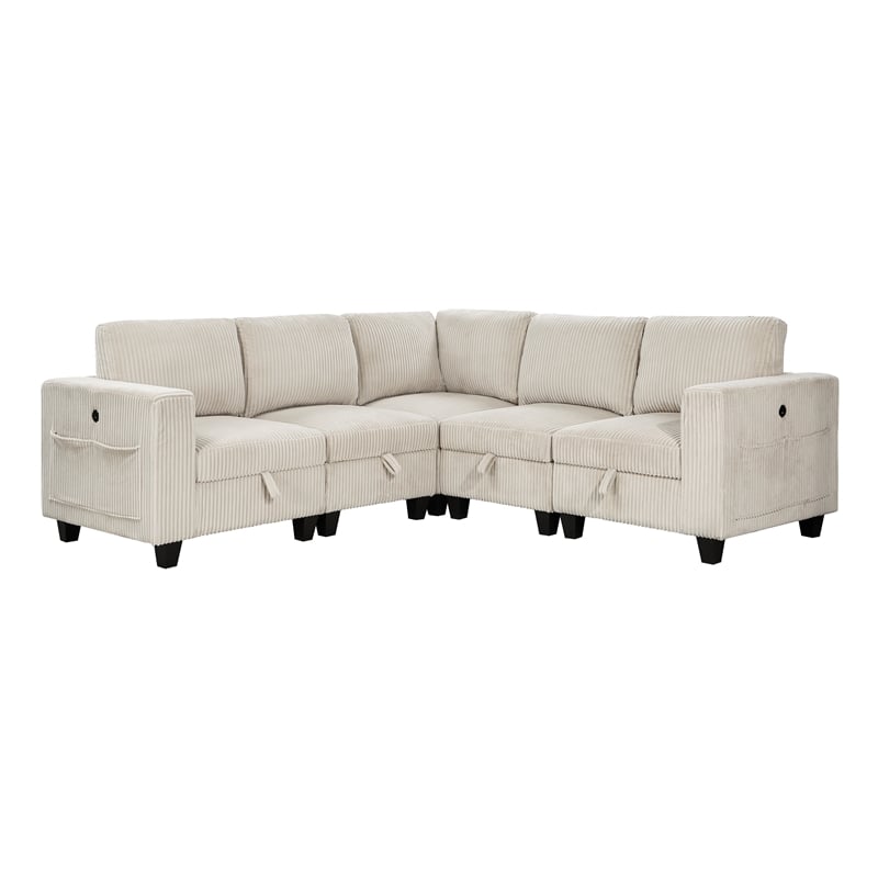 Pemberly Row Corduroy 5-Piece Modular Sectional USB Charging Storage in Beige