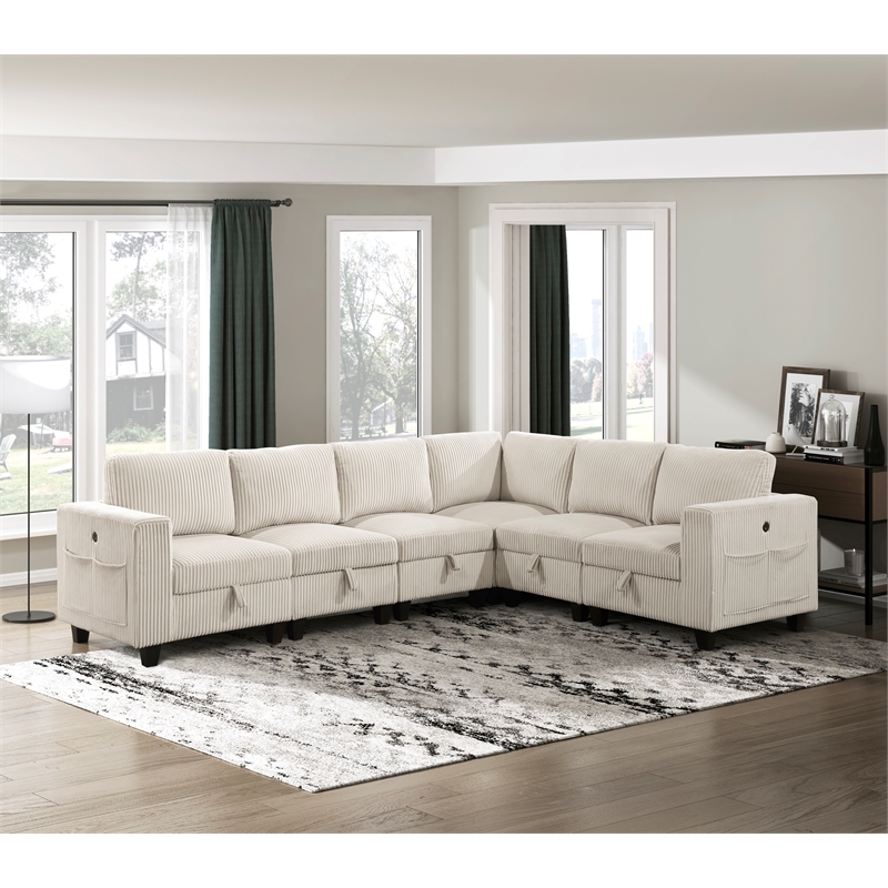 Pemberly Row Corduroy 6-Piece Modular Sectional USB Charging Storage in Beige