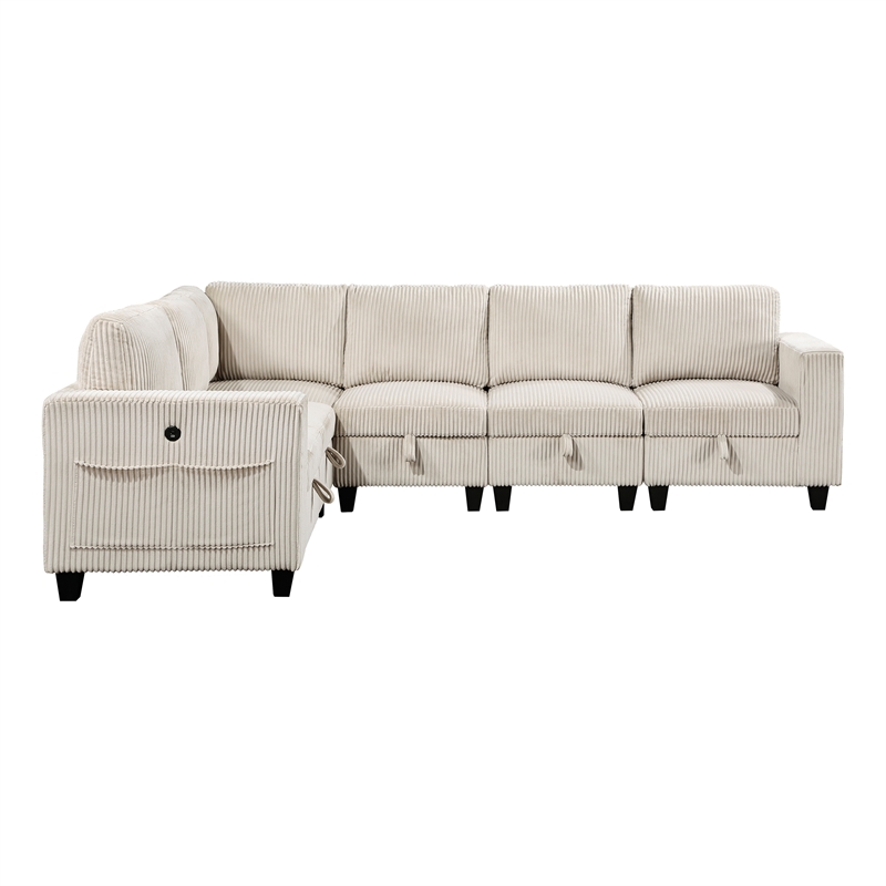 Pemberly Row Corduroy 6-Piece Modular Sectional USB Charging Storage in Beige