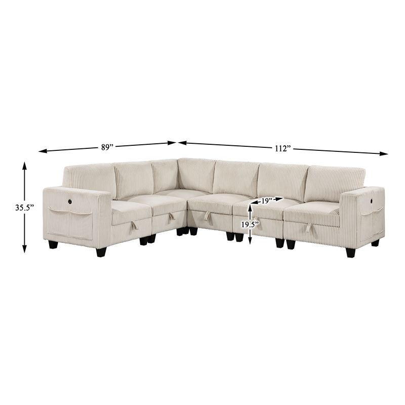 Pemberly Row Corduroy 6-Piece Modular Sectional USB Charging Storage in Beige