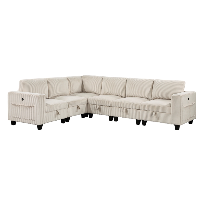 Pemberly Row Corduroy 6-Piece Modular Sectional USB Charging Storage in Beige