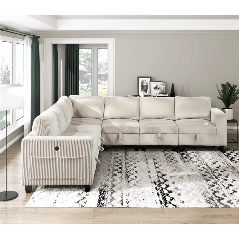 Pemberly Row Corduroy 7-Piece Modular Sectional USB Charging Storage in Beige