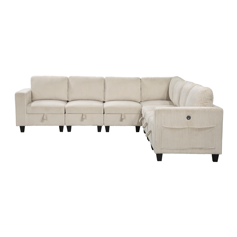 Pemberly Row Corduroy 7-Piece Modular Sectional USB Charging Storage in Beige
