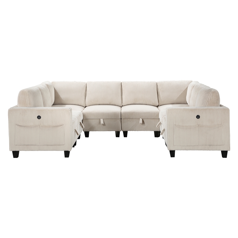 Pemberly Row Corduroy 8-Piece U-Shape Modular Sectional USB Storage in Beige
