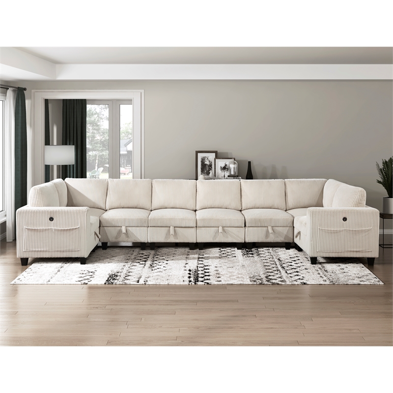 Pemberly Row Corduroy 8-Piece U-Shape Modular Sectional USB Storage in Beige