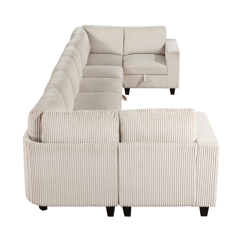 Pemberly Row Corduroy 8-Piece U-Shape Modular Sectional USB Storage in Beige