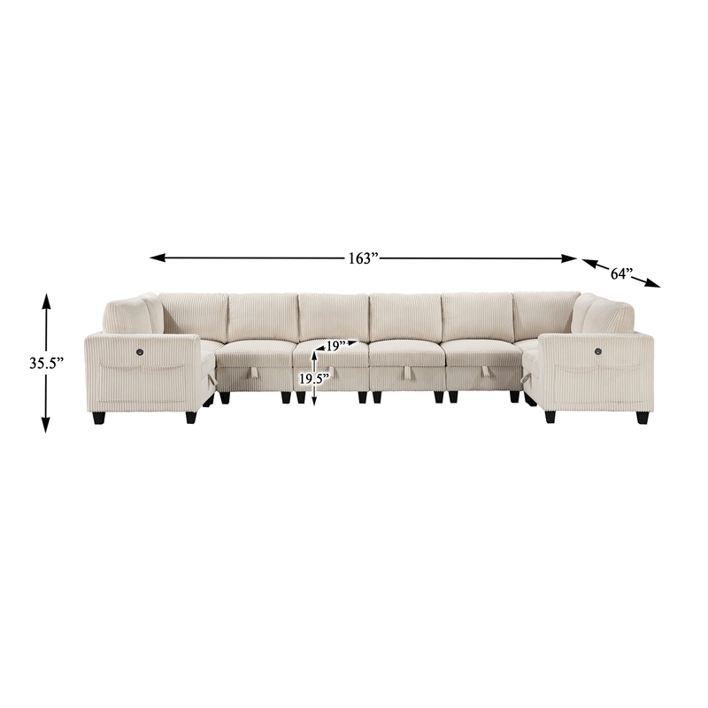 Pemberly Row Corduroy 8-Piece U-Shape Modular Sectional USB Storage in Beige