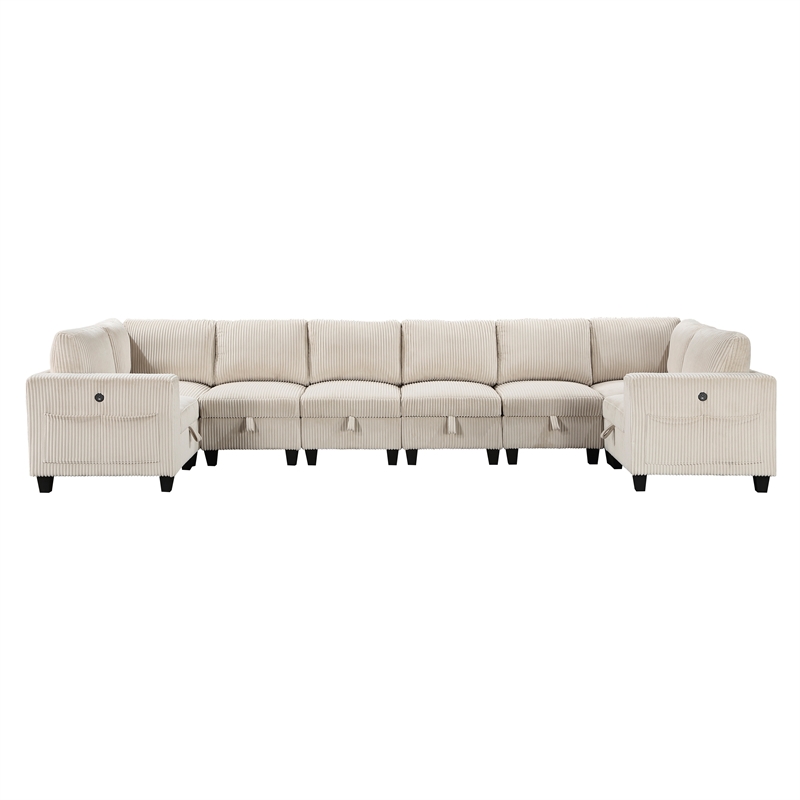 Pemberly Row Corduroy 8-Piece U-Shape Modular Sectional USB Storage in Beige