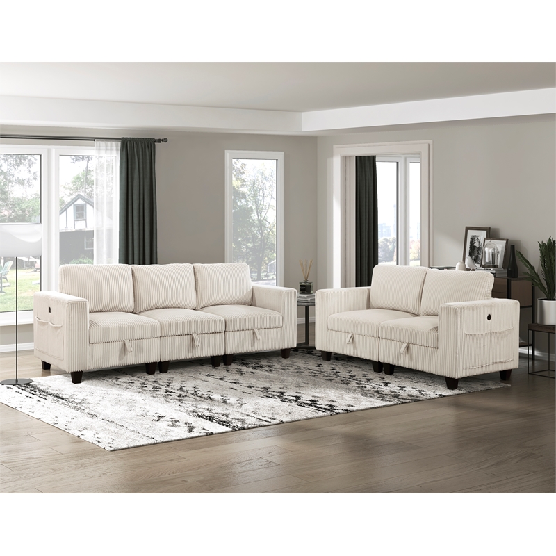 Pemberly Row Corduroy Loveseat with USB Charging and Storage in Beige