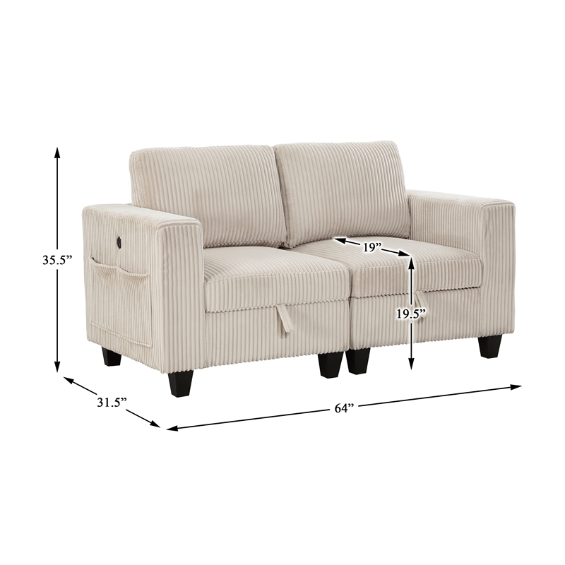 Pemberly Row Corduroy Loveseat with USB Charging and Storage in Beige