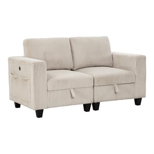Pemberly Row Corduroy Loveseat with USB Charging and Storage in Beige