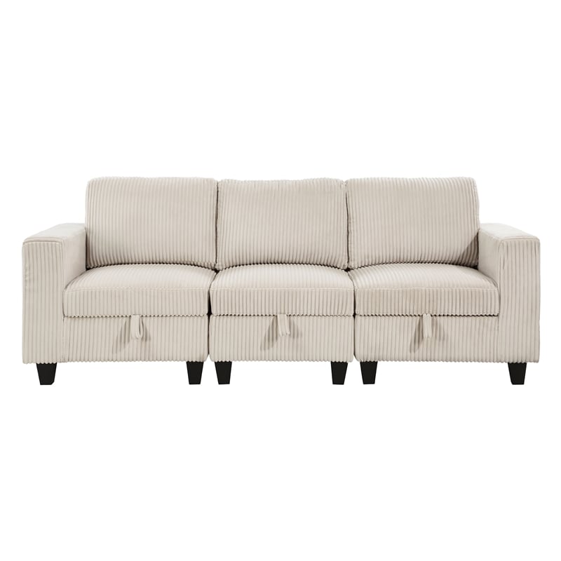 Pemberly Row Corduroy Sofa with USB Charging and Pull-Out Storage in Beige