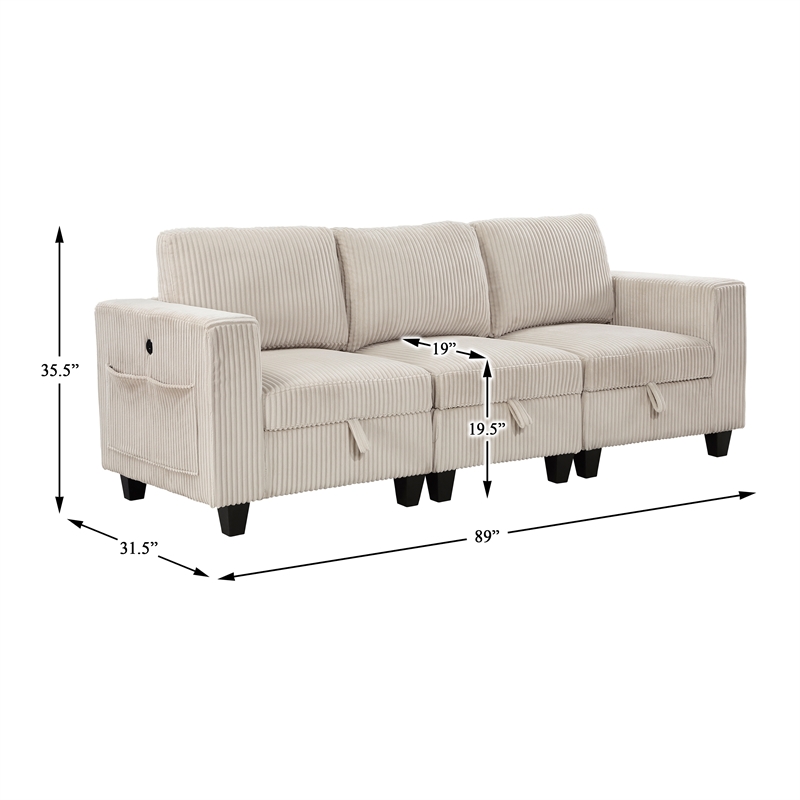 Pemberly Row Corduroy Sofa with USB Charging and Pull-Out Storage in Beige