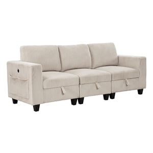 Pemberly Row Corduroy Sofa with USB Charging and Pull-Out Storage in Beige