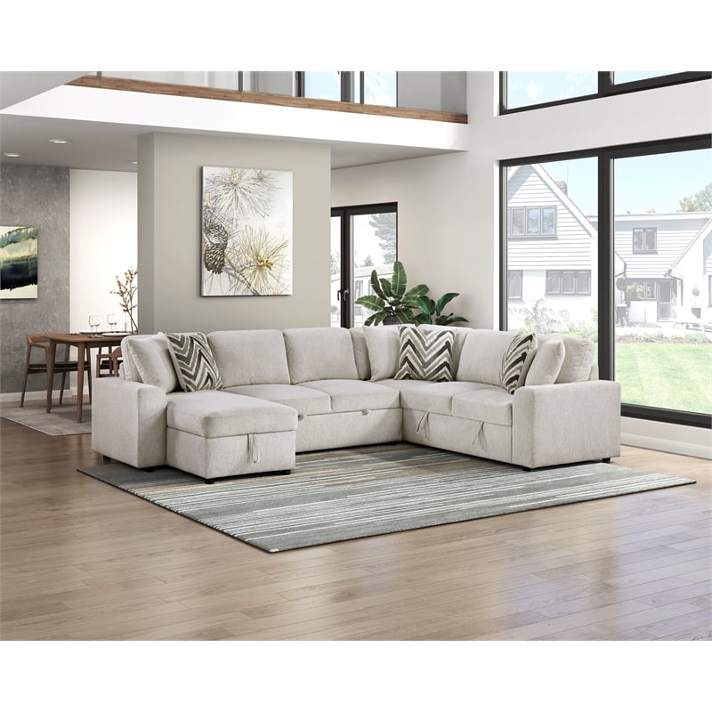 Pemberly Row Chenille 3-Piece Sectional with Pull-Out Bed in Beige