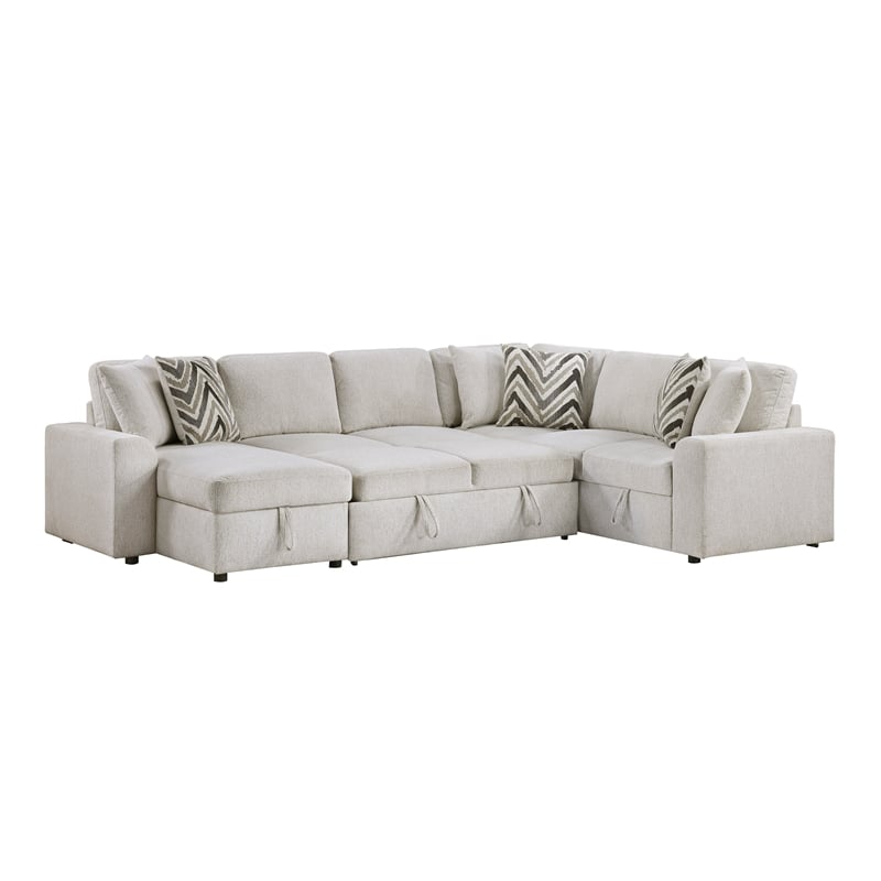 Pemberly Row Chenille 3-Piece Sectional with Pull-Out Bed in Beige
