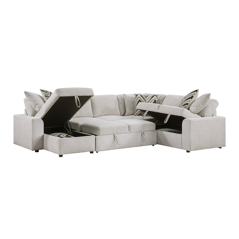 Pemberly Row Chenille 3-Piece Sectional with Pull-Out Bed in Beige