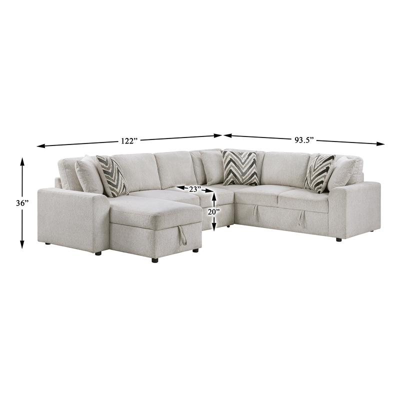 Pemberly Row Chenille 3-Piece Sectional with Pull-Out Bed in Beige