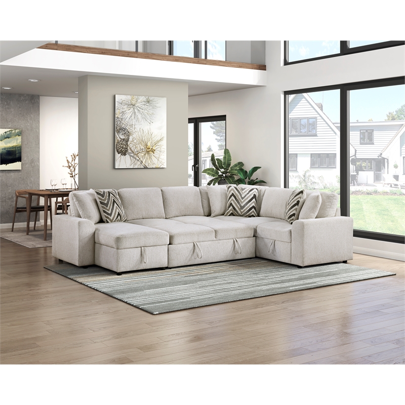 Pemberly Row Chenille 3-Piece Sectional with Pull-Out Bed in Beige