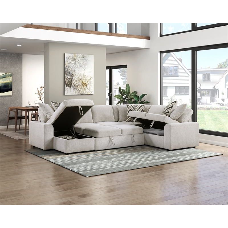 Pemberly Row Chenille 3-Piece Sectional with Pull-Out Bed in Beige