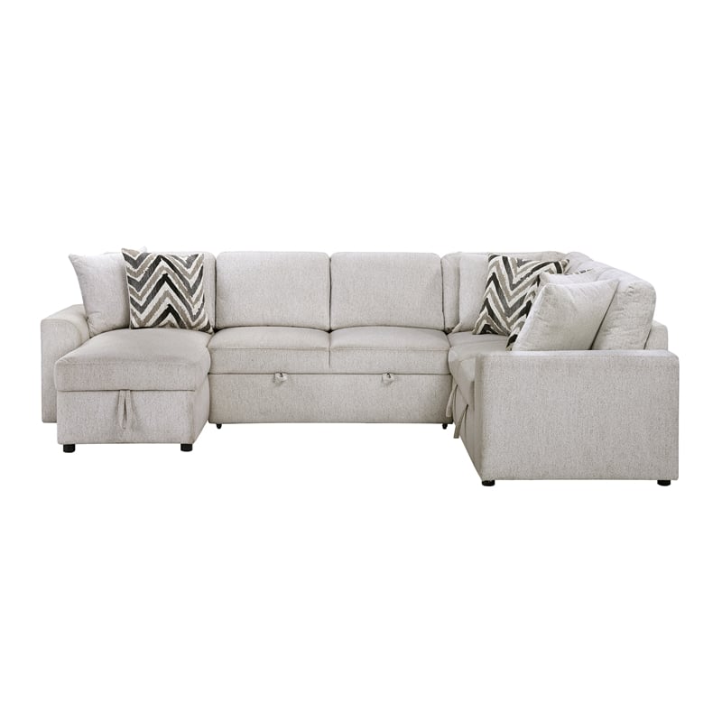 Pemberly Row Chenille 3-Piece Sectional with Pull-Out Bed in Beige